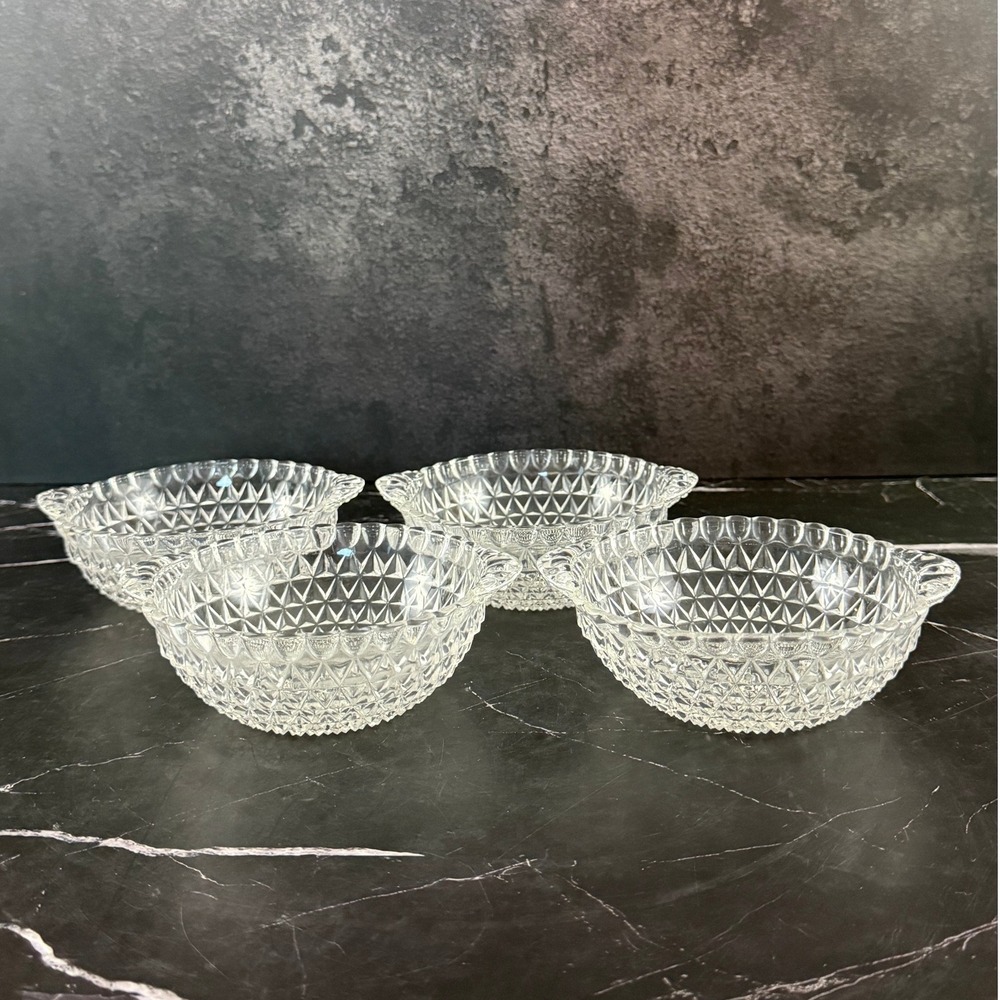 Vintage Set of 4 Indiana Glass Clear Hobnail Diamond Cut 5in Berry Bowls MINT!